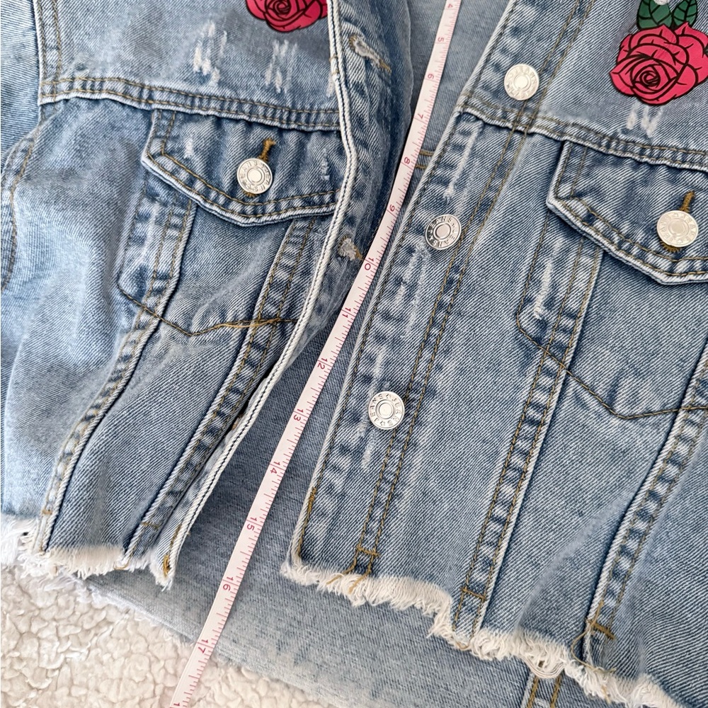 Mega Cropped Denim Jacket with Rose Embroidery by Lulu Simone - Picture 6 of 14